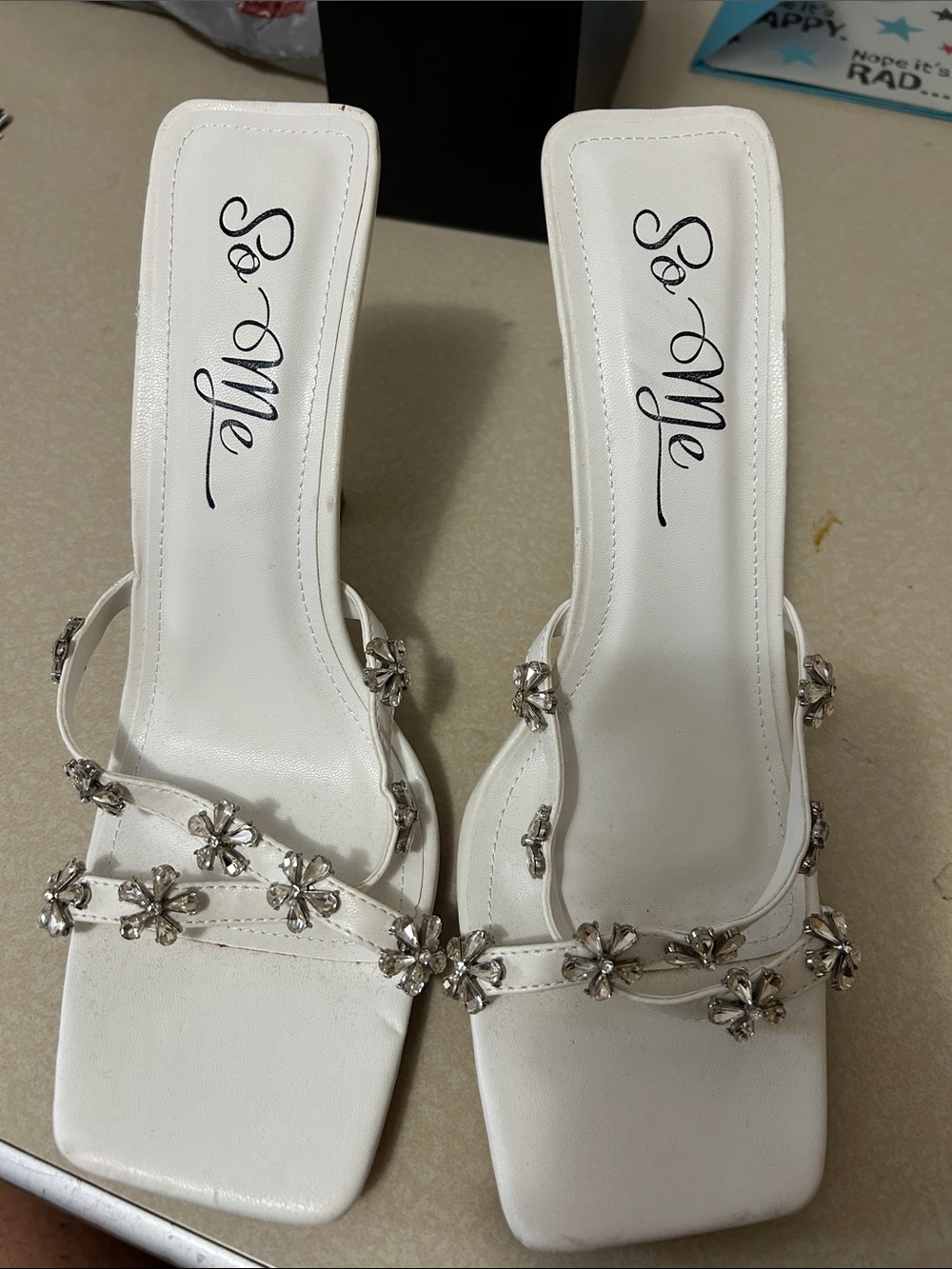 So Me White Crystal Floral Strap Heels